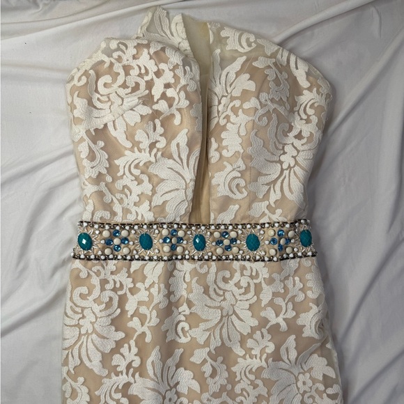 Nina Canacci Cream Blue Beaded Lace Embroidered Mermaid Event wedding Dress Sz 6 - Picture 4 of 16